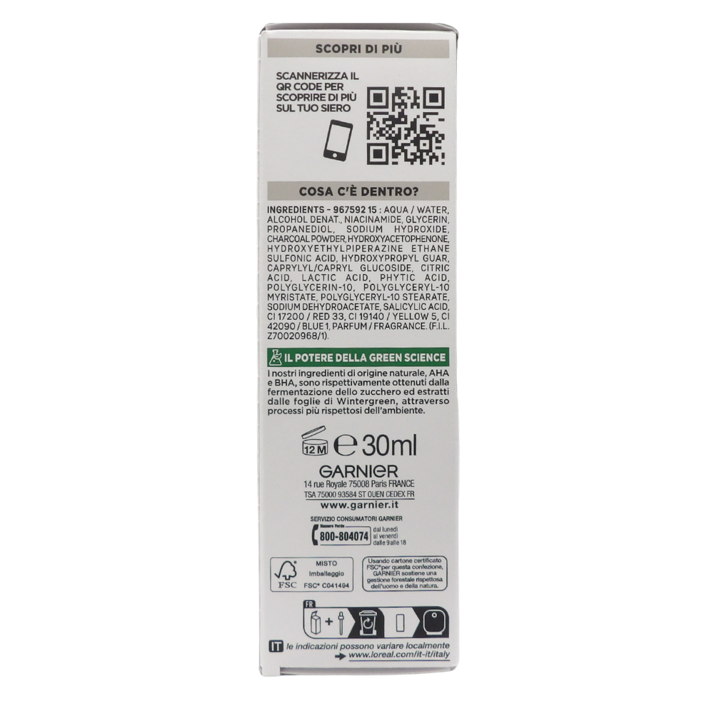 GARNIER PureActive Siero Viso Anti-Imperfezioni con Carbone Niacinamide AHA BHA Trattamento Brufoli Punti Neri Segni Rossori Formula Leggera Opacizzante Uniformante Senza Residui, 30ml