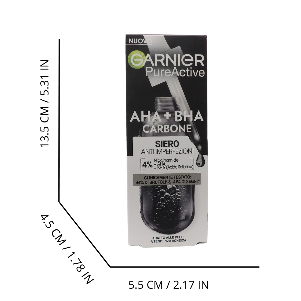 GARNIER PureActive Siero Viso Anti-Imperfezioni con Carbone Niacinamide AHA BHA Trattamento Brufoli Punti Neri Segni Rossori Formula Leggera Opacizzante Uniformante Senza Residui, 30ml