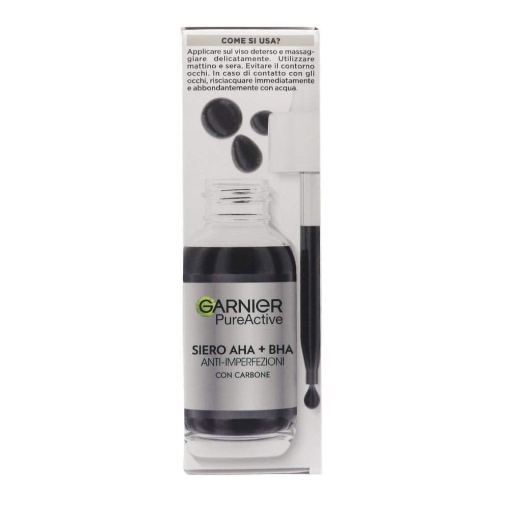 GARNIER PureActive Siero Viso Anti-Imperfezioni con Carbone Niacinamide AHA BHA Trattamento Brufoli Punti Neri Segni Rossori Formula Leggera Opacizzante Uniformante Senza Residui, 30ml