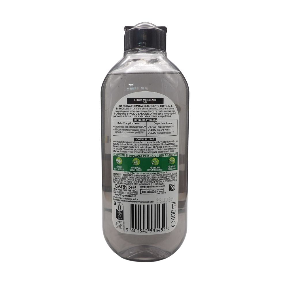 GARNIER  SkinActive Acqua Micellare Gel Purificante con Carbone, Detelrgente e Opacizzante, Per Tutti i Tipi di Pelle, Senza Risciacquo, Formula Vegana, 400 ml