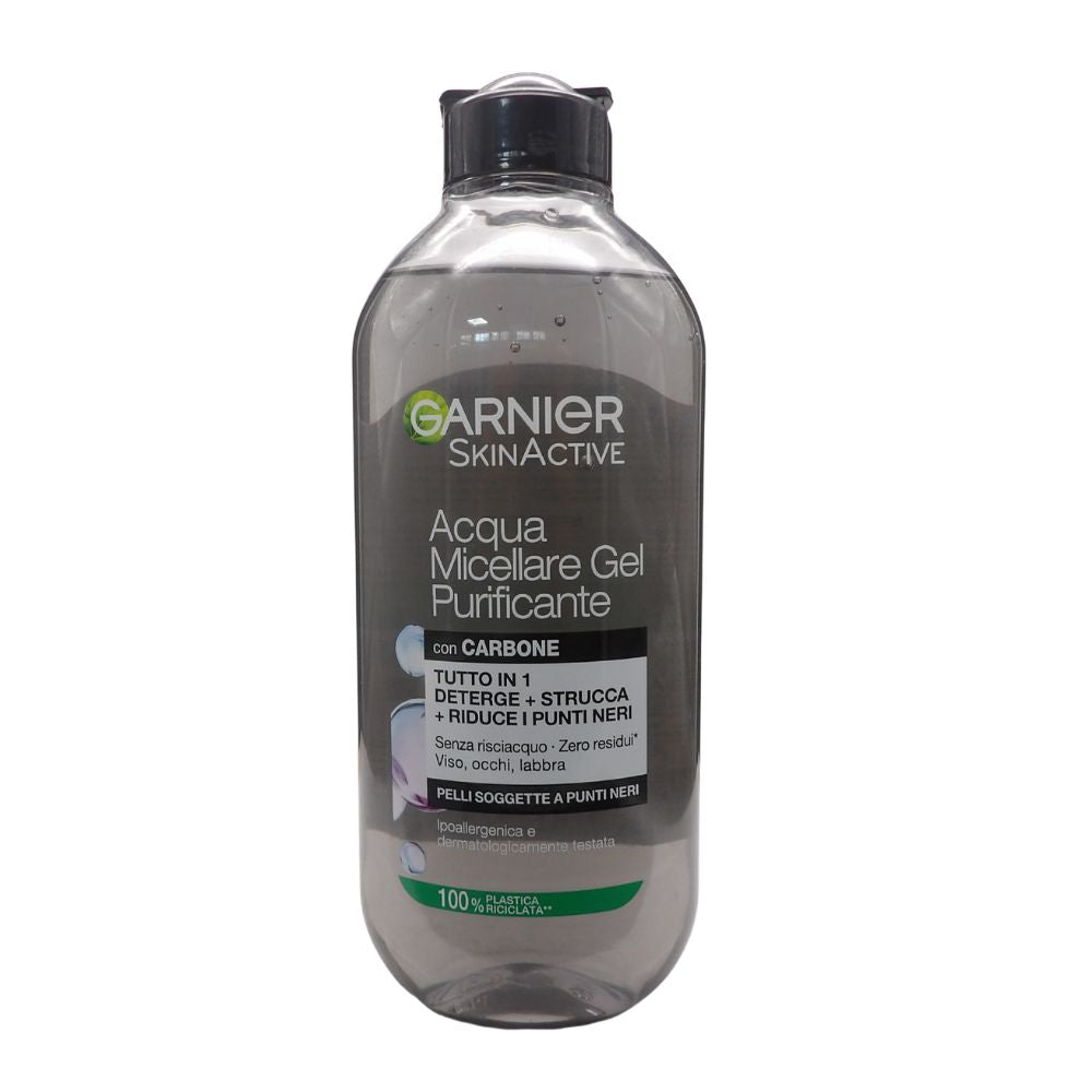 GARNIER  SkinActive Acqua Micellare Gel Purificante con Carbone, Detelrgente e Opacizzante, Per Tutti i Tipi di Pelle, Senza Risciacquo, Formula Vegana, 400 ml