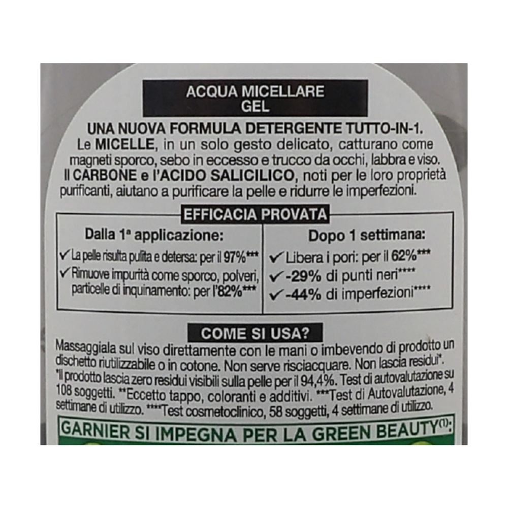 GARNIER  SkinActive Acqua Micellare Gel Purificante con Carbone, Detelrgente e Opacizzante, Per Tutti i Tipi di Pelle, Senza Risciacquo, Formula Vegana, 400 ml