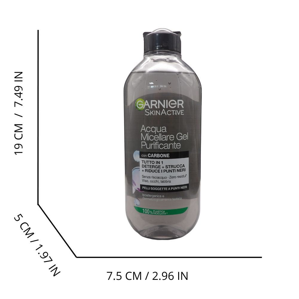 GARNIER  SkinActive Acqua Micellare Gel Purificante con Carbone, Detelrgente e Opacizzante, Per Tutti i Tipi di Pelle, Senza Risciacquo, Formula Vegana, 400 ml