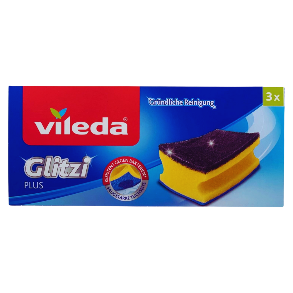 Vileda GLITZI PLUS Spugna Abrasiva Super Assorbente Con Trattamento Antibatterico, Rimuove Lo Sporco Ostinato In Profondità, Confezione Da 3 Spugne