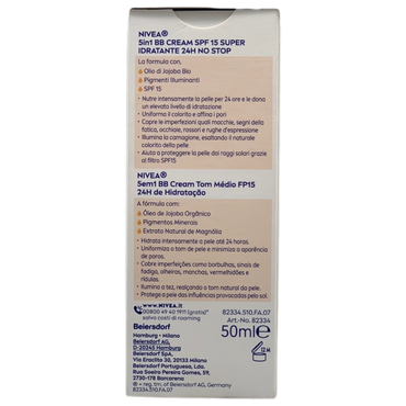 NIVEA ESSENTIALS BB Cream Super-Idratante 24H No Stop 50 ml, Crema Giorno SPF15 Uniformante, Crema viso Pigmentata, Crema Idratante con Olio di Jojoba Bio e Minerali