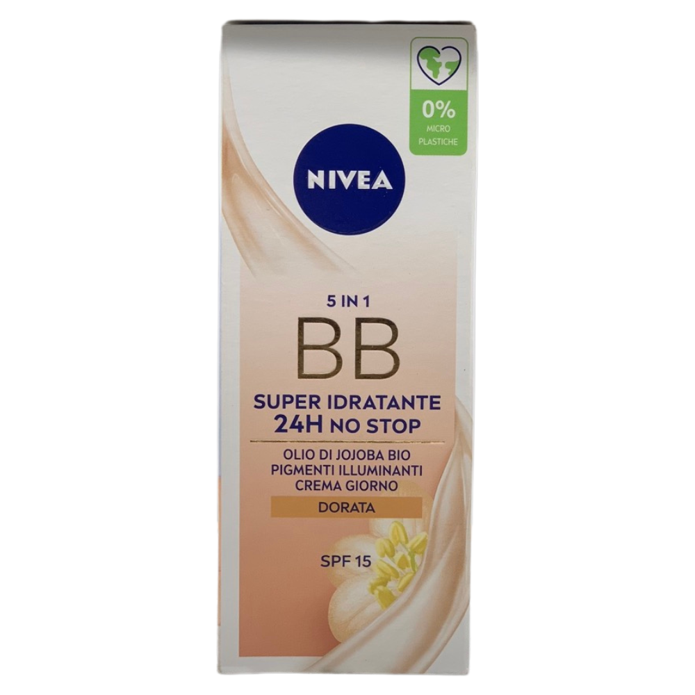 NIVEA ESSENTIALS BB Cream Super-Idratante 24H No Stop 50 ml, Crema Giorno SPF15 Uniformante, Crema viso Pigmentata, Crema Idratante con Olio di Jojoba Bio e Minerali