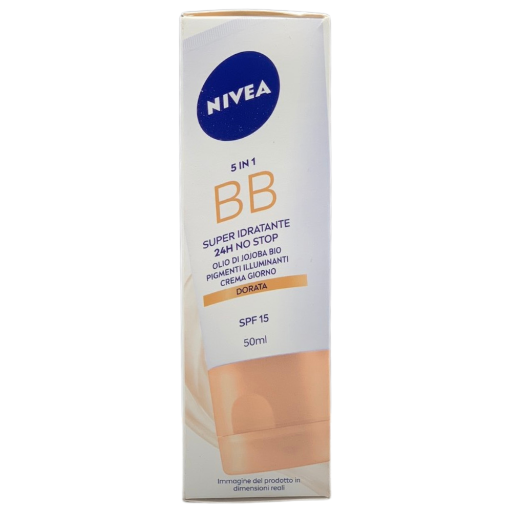 NIVEA ESSENTIALS BB Cream Super-Idratante 24H No Stop 50 ml, Crema Giorno SPF15 Uniformante, Crema viso Pigmentata, Crema Idratante con Olio di Jojoba Bio e Minerali