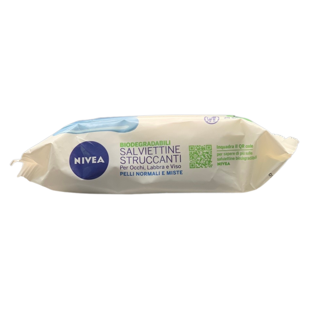 NIVEA Salviettine Struccanti, Pelli Normali e Miste, Per Occhi, Labbra e Viso. Efficaci Su Tutti i Tipi Di Make Up, Delicate e Rinfrescanti Sulla Pelle, Biodegradabili (Confezione Da 25 Salviette)