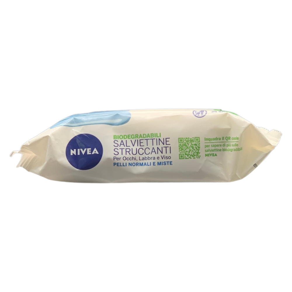 NIVEA Salviettine Struccanti, Pelli Normali e Miste, Per Occhi, Labbra e Viso. Efficaci Su Tutti i Tipi Di Make Up, Delicate e Rinfrescanti Sulla Pelle, Biodegradabili (Confezione Da 25 Salviette)