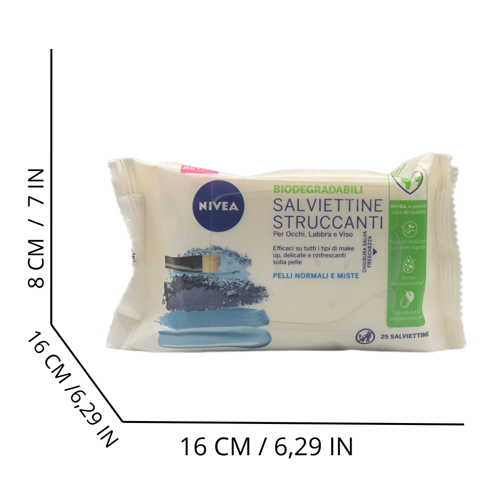 NIVEA Salviettine Struccanti, Pelli Normali e Miste, Per Occhi, Labbra e Viso. Efficaci Su Tutti i Tipi Di Make Up, Delicate e Rinfrescanti Sulla Pelle, Biodegradabili (Confezione Da 25 Salviette)