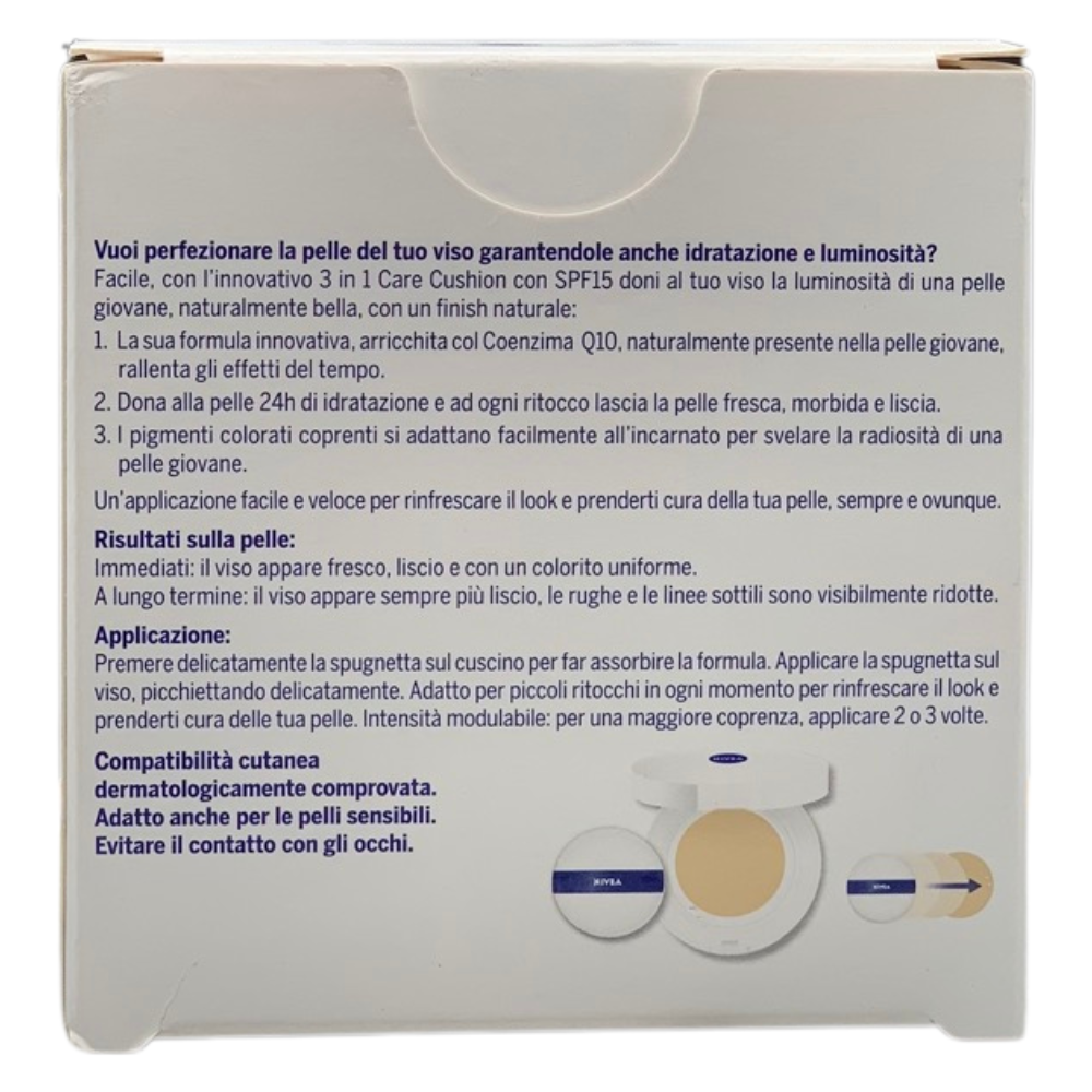 NIVEAFondotinta Q10plus, SPF15, Anti-Age, 3in1 Skin Care CUSHION, 24h Di Idratazione. N°01 Light-Medium 15g