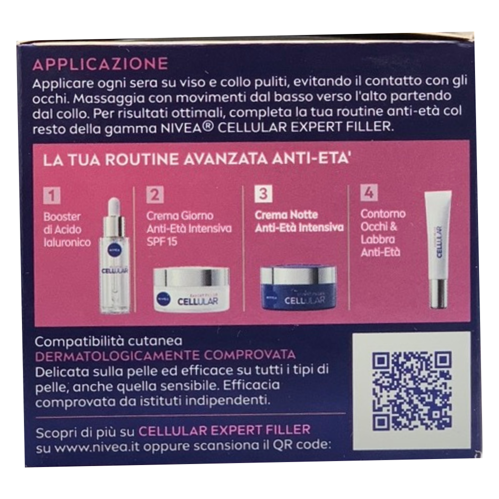 NIVEA CELLULAR EXPERT FILLER Crema Notte Anti-Età Intensiva SPF 15 50ml, Crema viso antirughe rassodante, Crema viso Acido Ialuronico e Acido Folico Puro, Crema viso notte anti-age