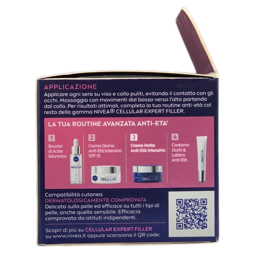 NIVEA CELLULAR EXPERT FILLER Crema Notte Anti-Età Intensiva SPF 15 50ml, Crema viso antirughe rassodante, Crema viso Acido Ialuronico e Acido Folico Puro, Crema viso notte anti-age