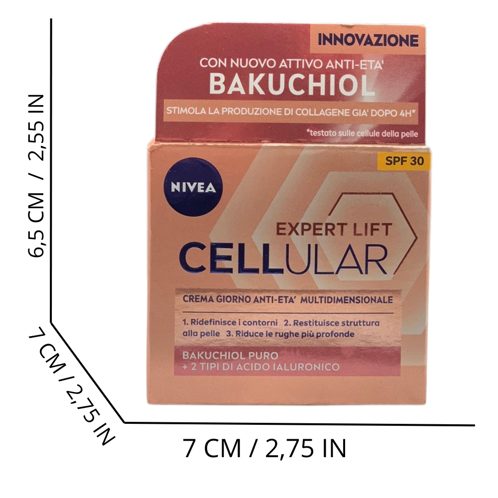 NIVEA CELLULAR EXPERT LIFT Crema Giorno Anti-età Multidimensionale SPF 30 50 ml, Crema viso giorno con Bakuchiol Puro e 2 tipi di Acido Ialuronico, Crema antirughe giorno