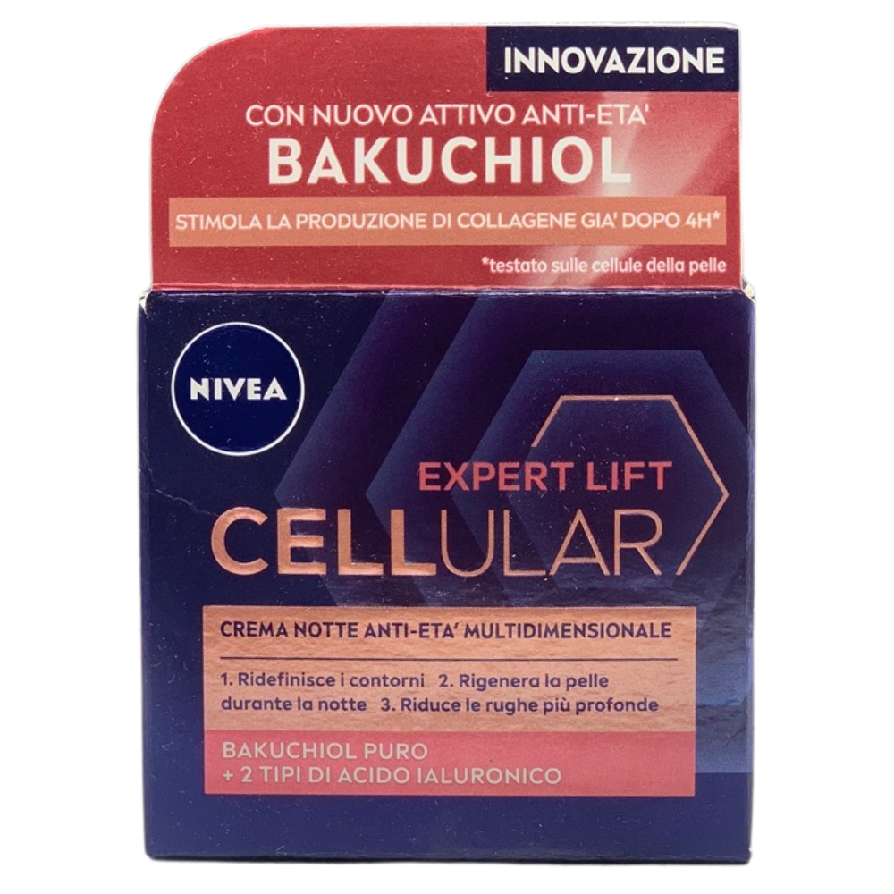 NIVEA CELLULAR EXPERT LIFT Crema Notte Anti-età Multidimensionale 50 ml, Crema viso notte con Bakuchiol Puro e 2 tipi di Acido Ialuronico, Crema antirughe da notte