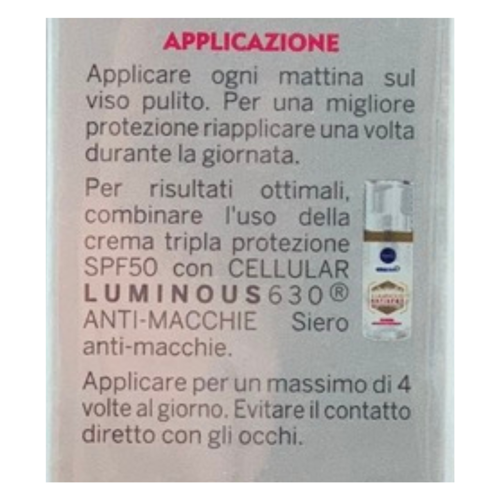 NIVEA Luminous630 Anti-Macchie Fluido UV Quotidiano Crema viso SPF 50 40 ml, Antimacchie viso contro il fotoinvecchiamento con Acido Ialuronico, Thiamidol brevettato e filtri UVA/UVB