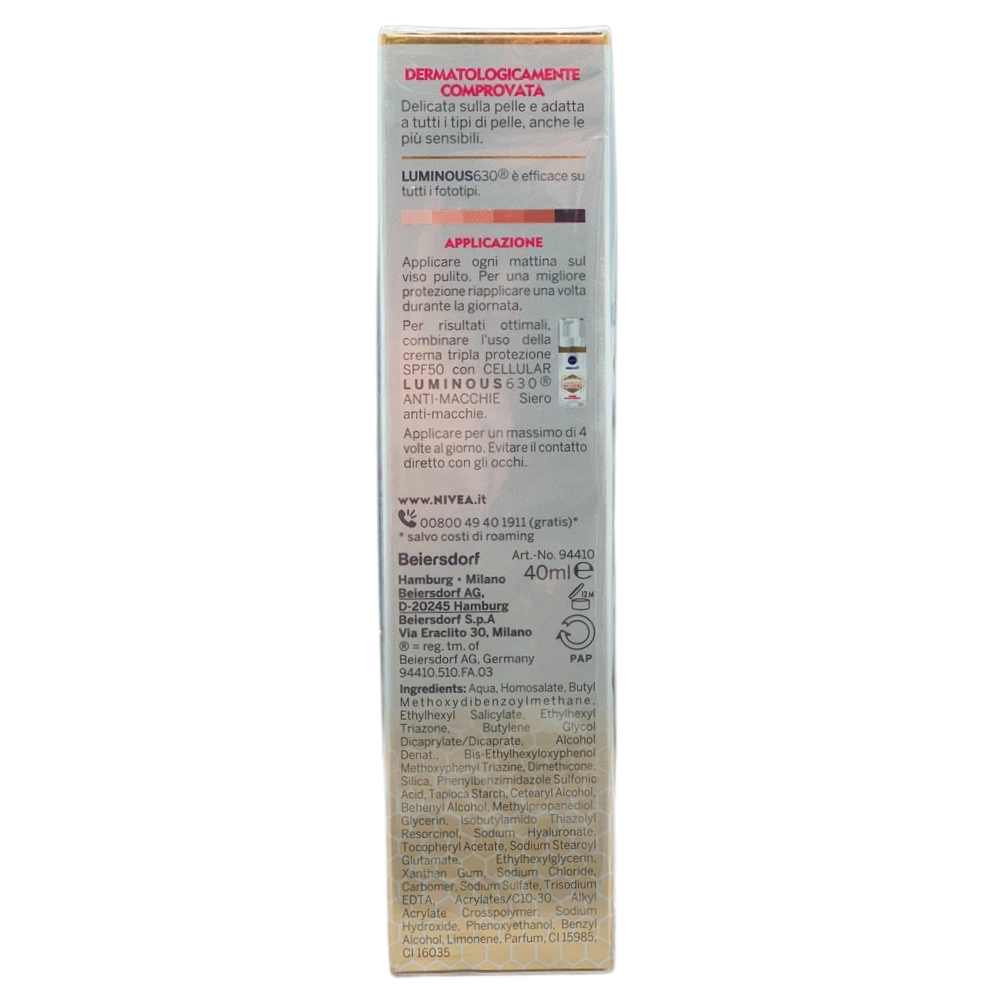 NIVEA Luminous630 Anti-Macchie Fluido UV Quotidiano Crema viso SPF 50 40 ml, Antimacchie viso contro il fotoinvecchiamento con Acido Ialuronico, Thiamidol brevettato e filtri UVA/UVB