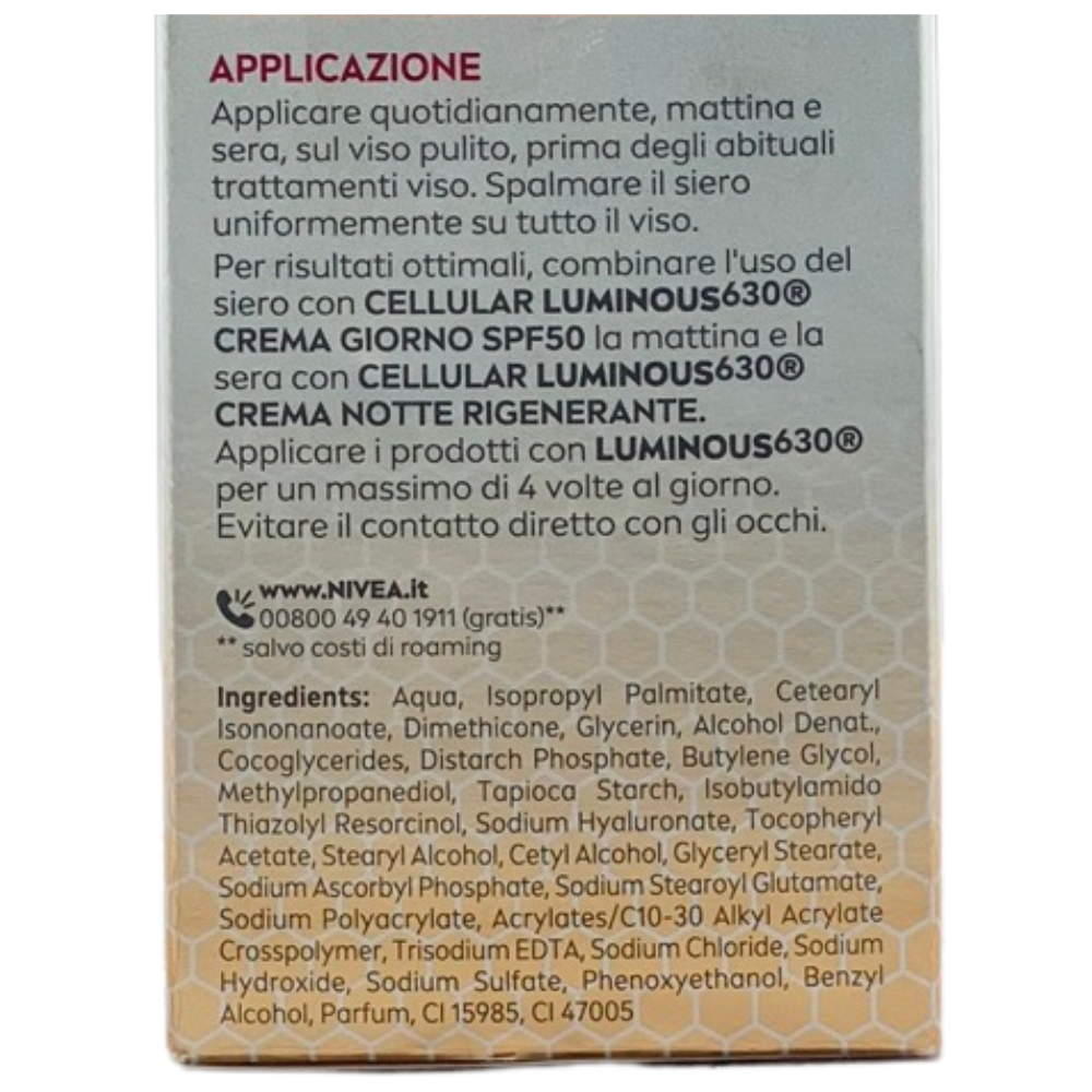 NIVEA Luminous630 Siero Viso Anti-Macchie Trattamento Avanzato 30 ml, Siero antimacchia viso per una pelle luminosa, Siero viso Acido Ialuronico e Thiamidol brevettato per tutti i tipi di macchie