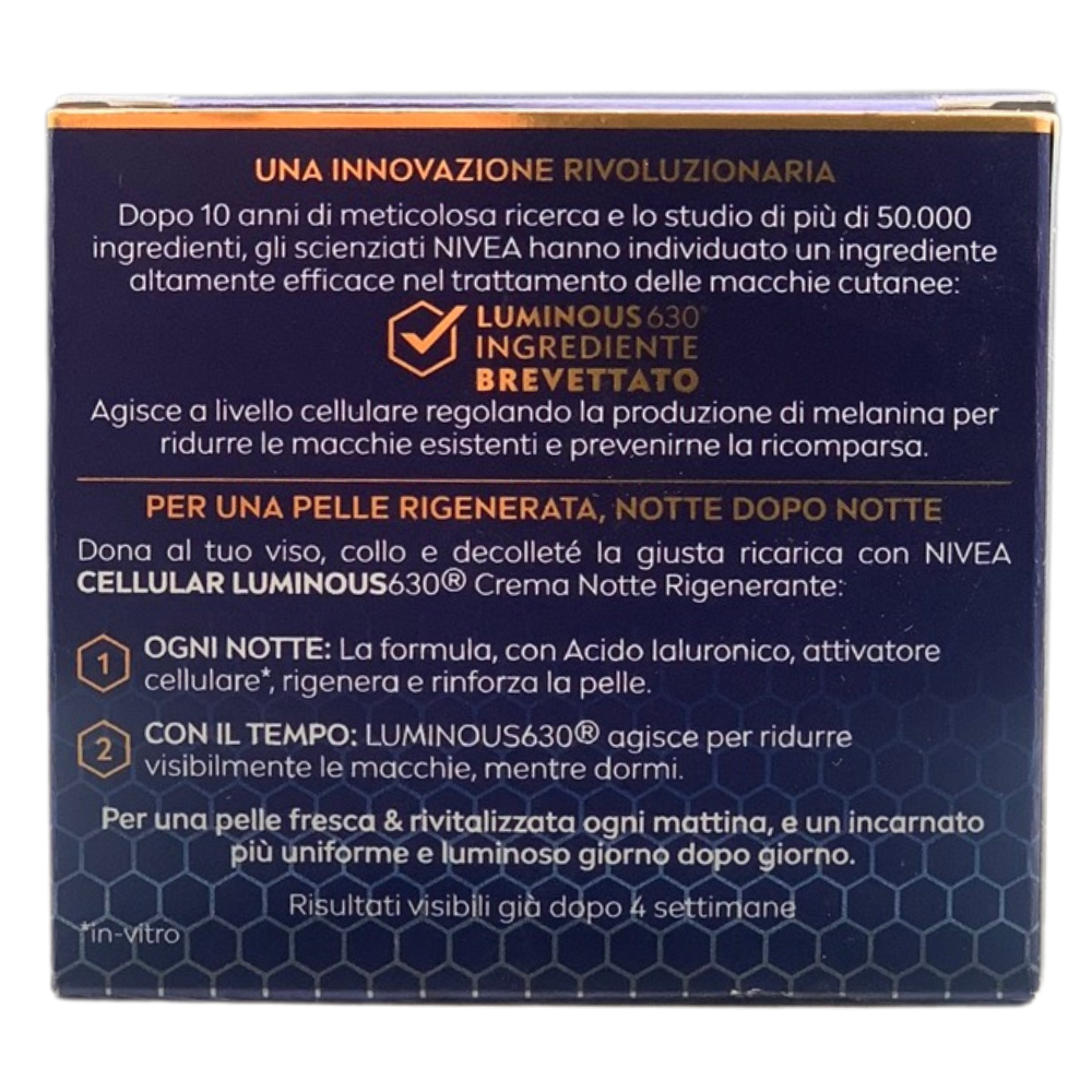 NIVEA Luminous630 Anti-Macchie Crema Notte Rigenerante 50 ml, Crema viso antirughe e antimacchia con Acido Ialuronico e Thiamidol brevettato, Efficiacia antimacchie viso per una pelle rinnovata