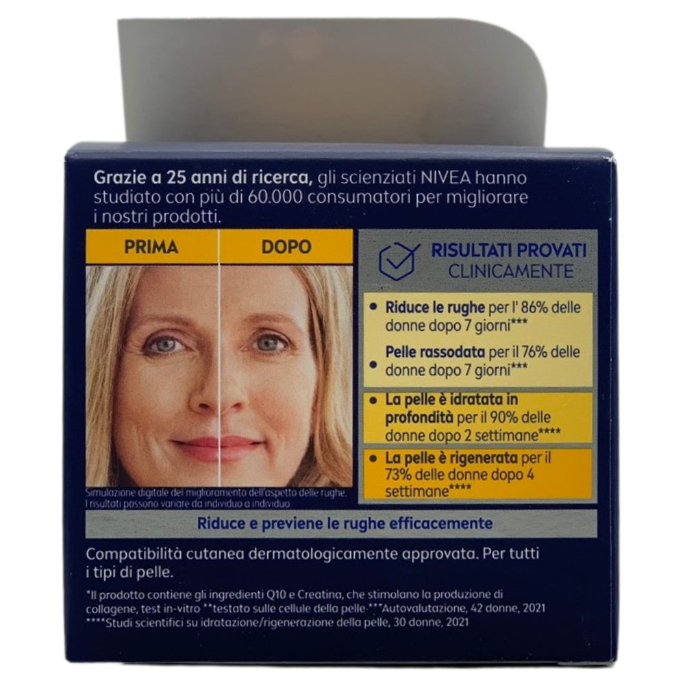 NIVEA Q10 Anti-Rughe Power Crema Notte Extra Rigenerante 50 ml, Crema notte viso antirughe idratante con Coenzima Q10, Creatina e Glycostop, Skincare ad assorbimento rapido per tutti i tipi di pelle
