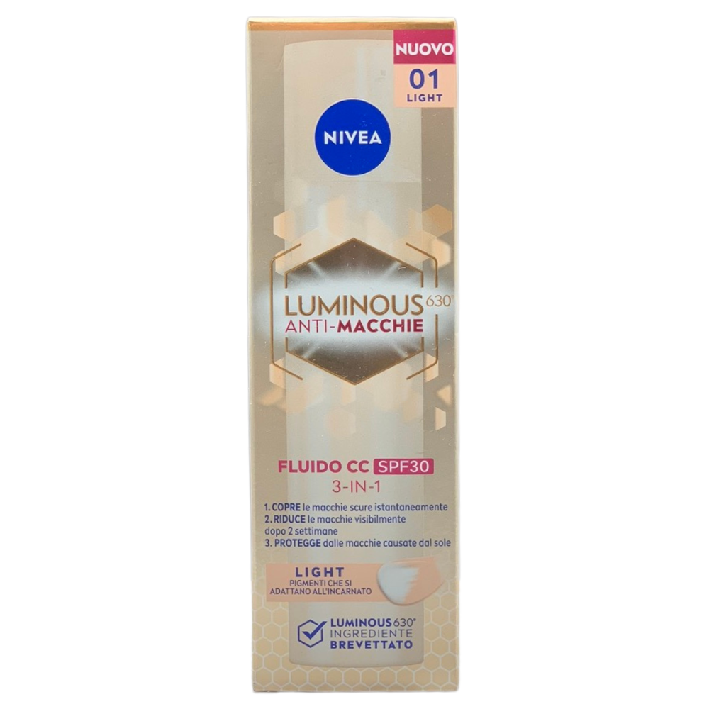 NIVEA Luminous630 Fluido CC Cream SPF 30 3-in-1 Light 40 ml, Crema colorata viso con pigmenti incapsulati e tripla azione anti-macchie, Crema antimacchie viso con Acido Ialuronico e Thiamidol