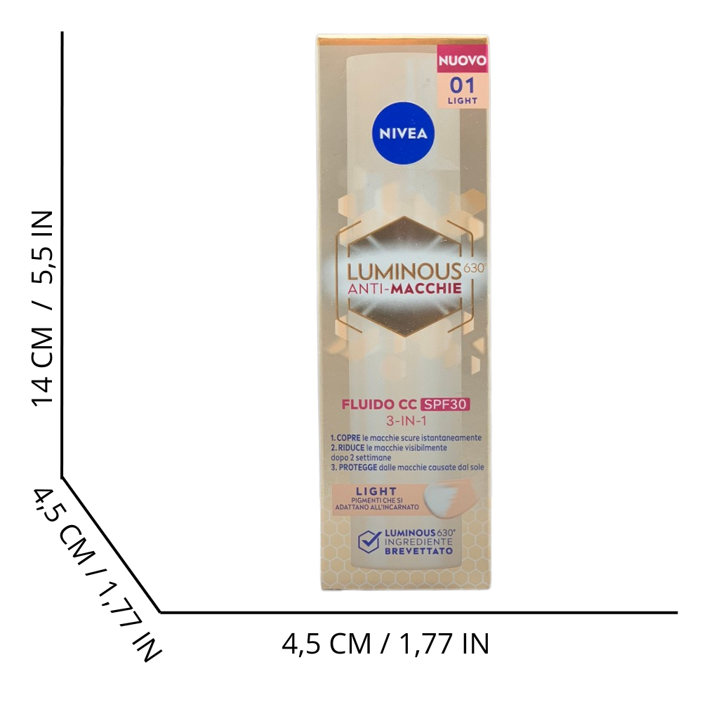 NIVEA Luminous630 Fluido CC Cream SPF 30 3-in-1 Light 40 ml, Crema colorata viso con pigmenti incapsulati e tripla azione anti-macchie, Crema antimacchie viso con Acido Ialuronico e Thiamidol