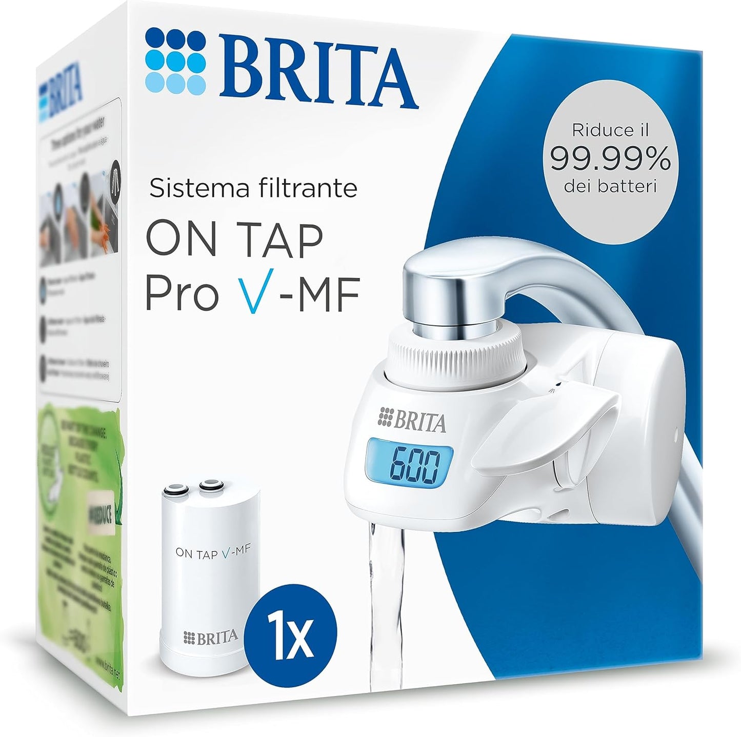 BRITA ON TAP Pro V-MF include 1 x filtro acqua rubinetto V-MF (600L) - riduce cloro, 99,99% dei batteri, PFAS - display contalitri digitale