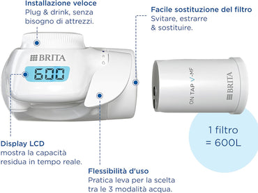 BRITA ON TAP Pro V-MF include 1 x filtro acqua rubinetto V-MF (600L) - riduce cloro, 99,99% dei batteri, PFAS - display contalitri digitale