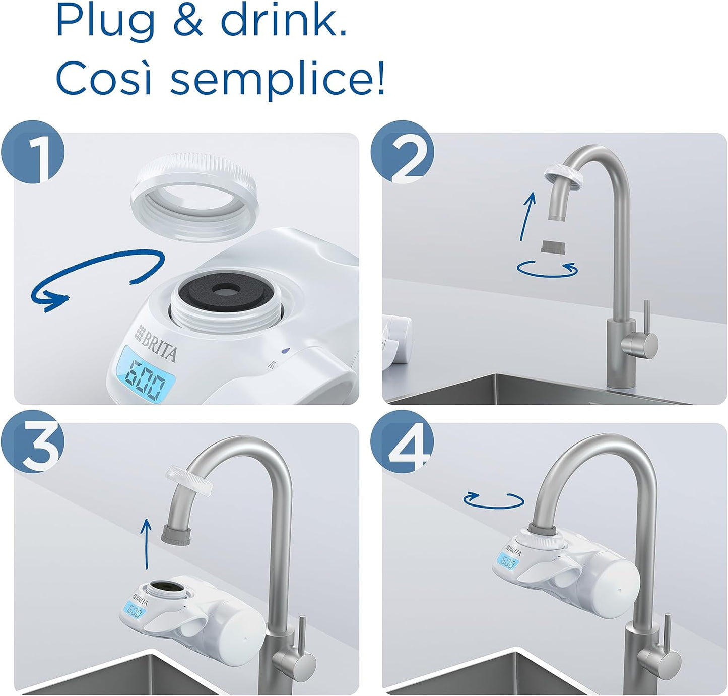 BRITA ON TAP Pro V-MF include 1 x filtro acqua rubinetto V-MF (600L) - riduce cloro, 99,99% dei batteri, PFAS - display contalitri digitale