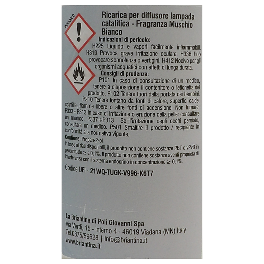 LA BRIANTINA Ricarica Per Diffusore Catalitico, Profumazioni Di Qualità Adatte a Qualunque Lampada Catalitica 500ml (MUSCHIO BIANCO)