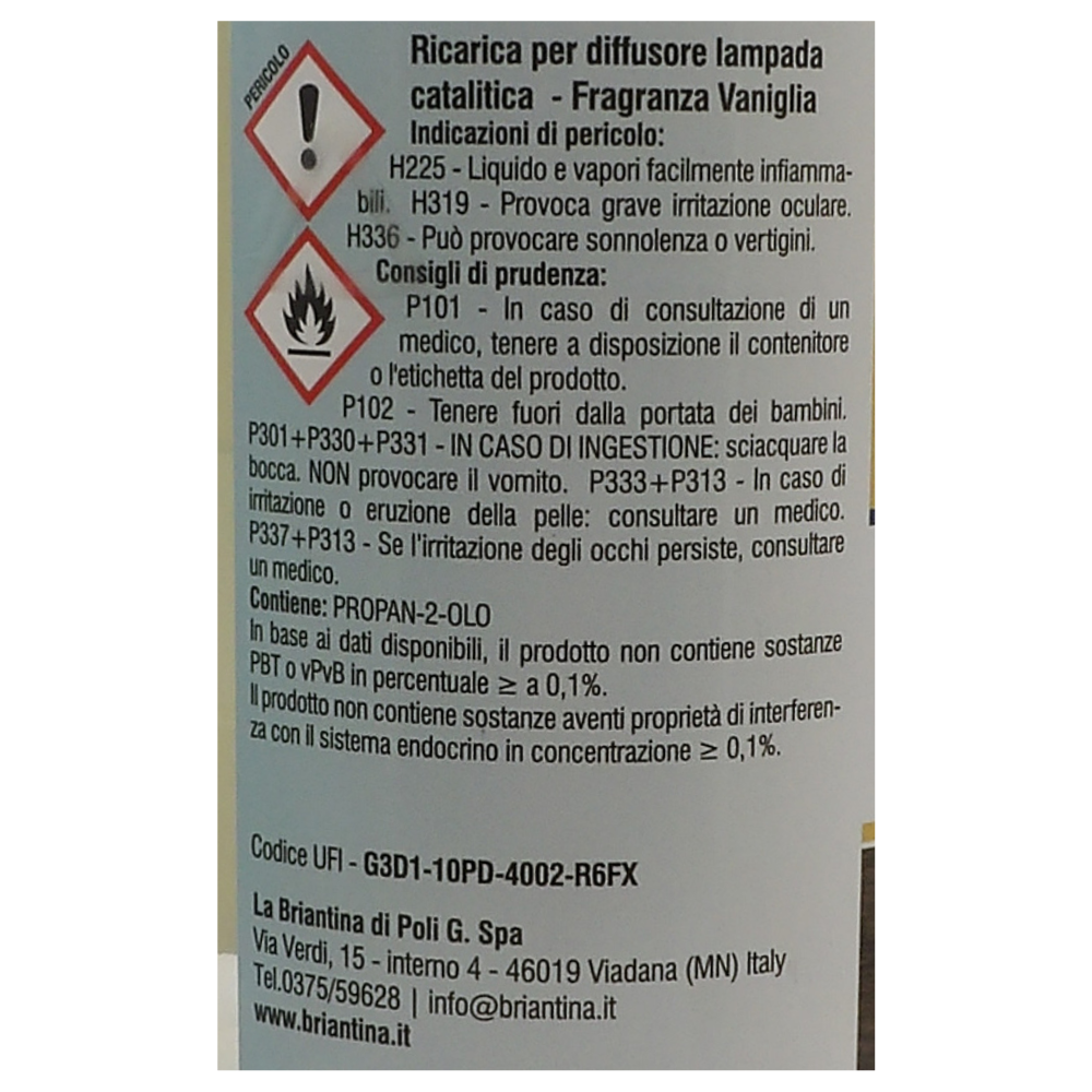 LA BRIANTINA Ricarica Per Diffusore Catalitico, Profumazioni Di Qualità Adatte a Qualunque Lampada Catalitica 500ml (VANIGLIA)