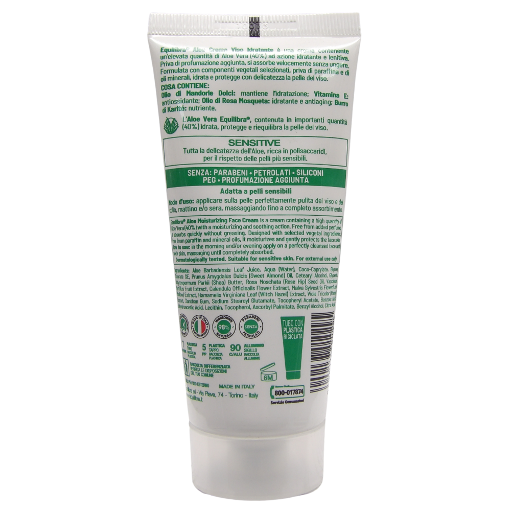 EQUILIBRA Crema Viso Aloe IDRATANTE Sensitive. Priva Di Profumazione Aggiunta, Si Assorbe Rapidamente Senza Ungere 75ml