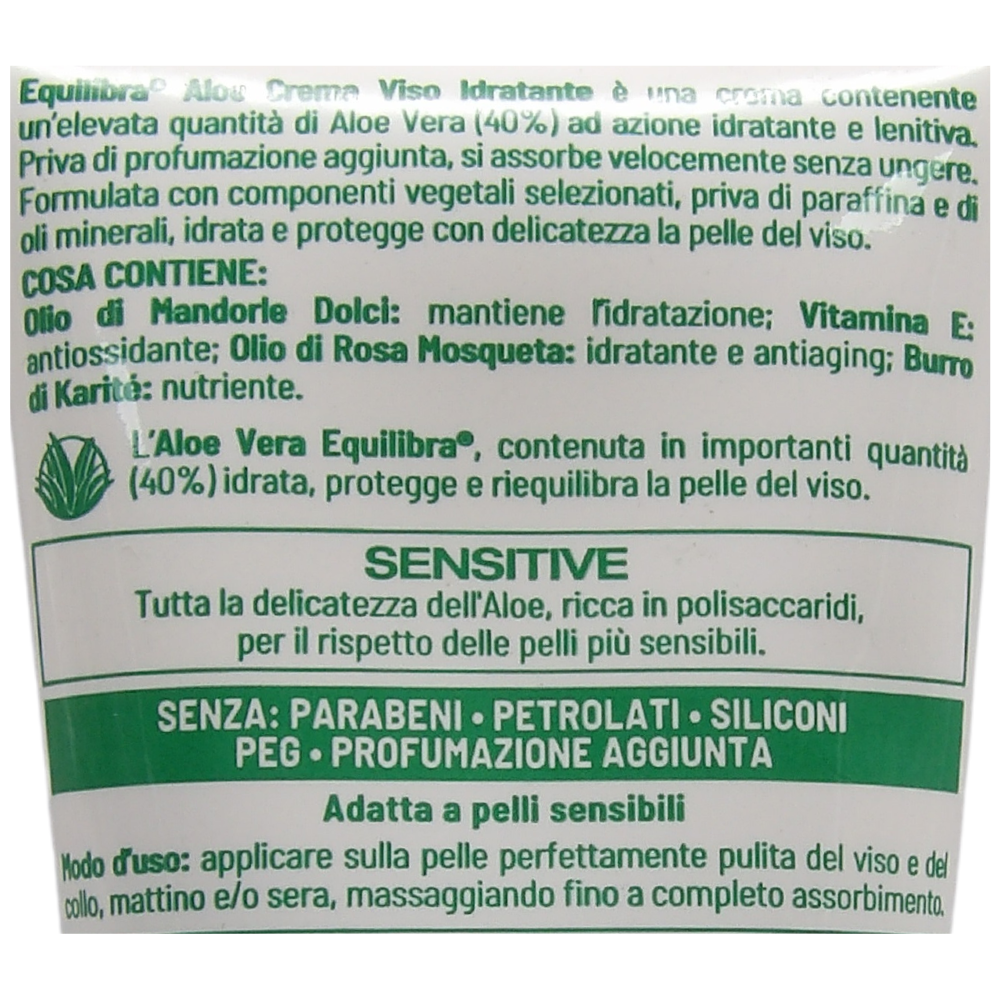 EQUILIBRA Crema Viso Aloe IDRATANTE Sensitive. Priva Di Profumazione Aggiunta, Si Assorbe Rapidamente Senza Ungere 75ml