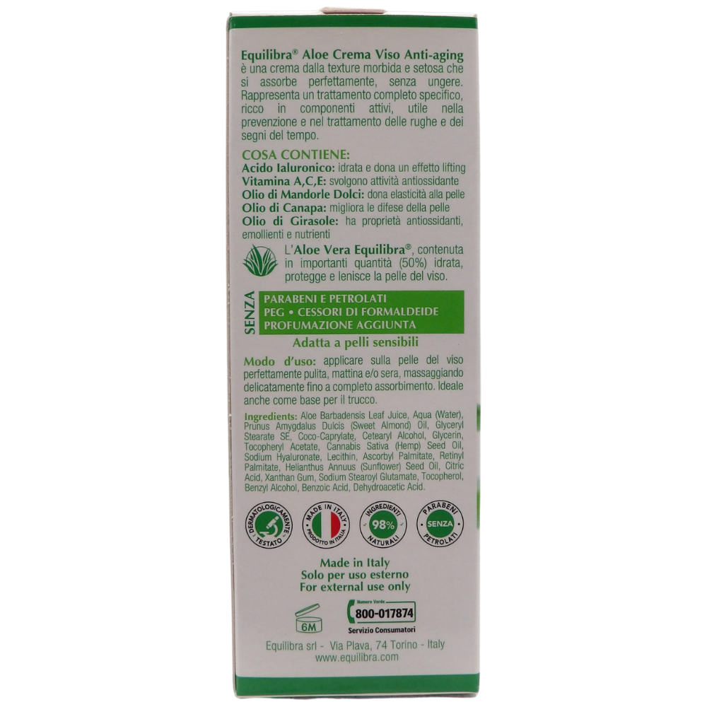 EQUILIBRA Crema Viso ALOE Anti-Aging, Texture Morbida e Setosa Che Si Assorbe Perfettamente, Senza Ungere. Utile Nella Prevenzione e Trattamento Delle Rughe 50ml