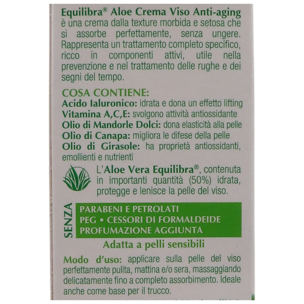 EQUILIBRA Crema Viso ALOE Anti-Aging, Texture Morbida e Setosa Che Si Assorbe Perfettamente, Senza Ungere. Utile Nella Prevenzione e Trattamento Delle Rughe 50ml
