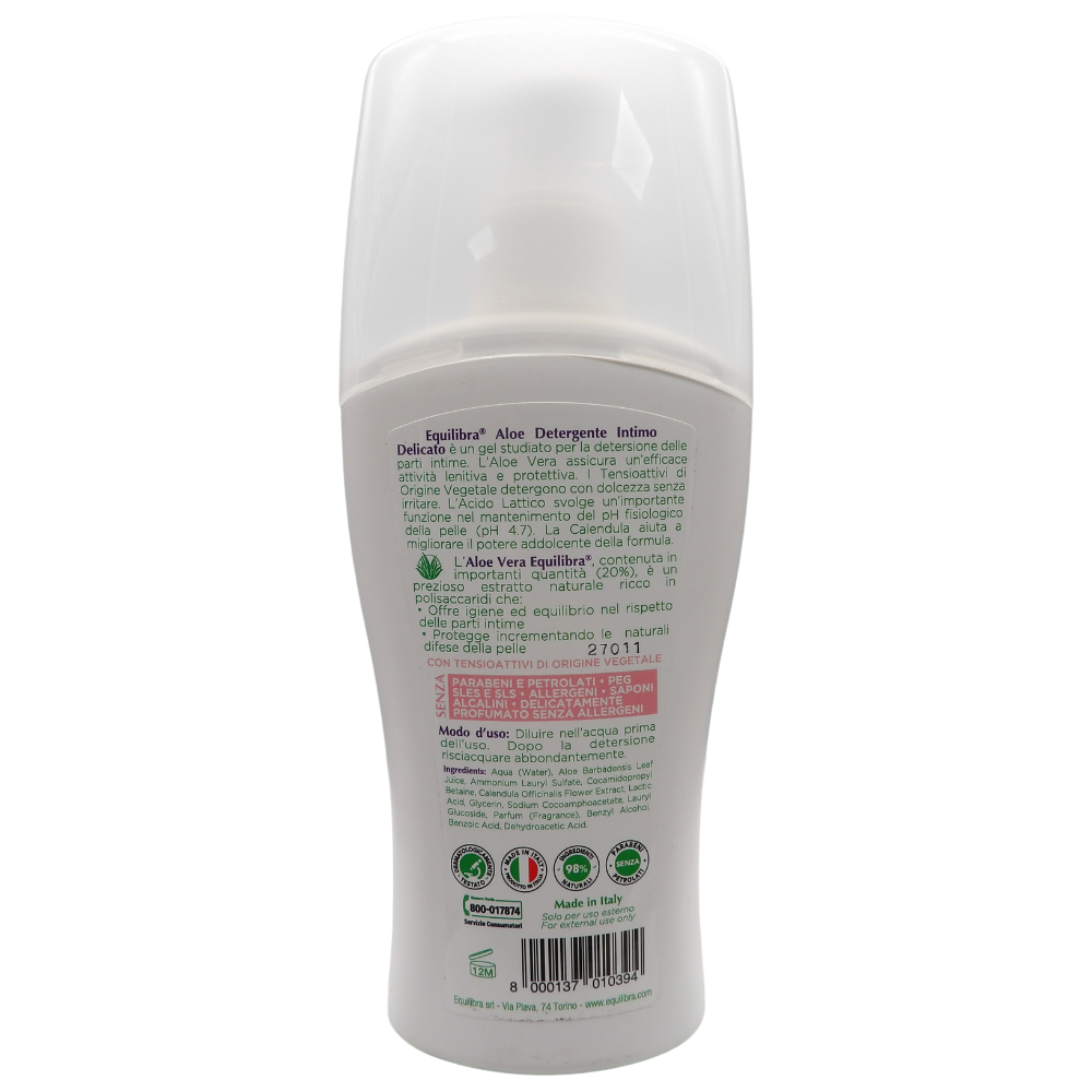 EQUILIBRA Detergente Intimo Delicato ALOE Con Acido Lattico e Calendula. Con Il 98% Di Ingredienti Di Origine Naturale, Senza Parabeni e Saponi Alcalini 200ml