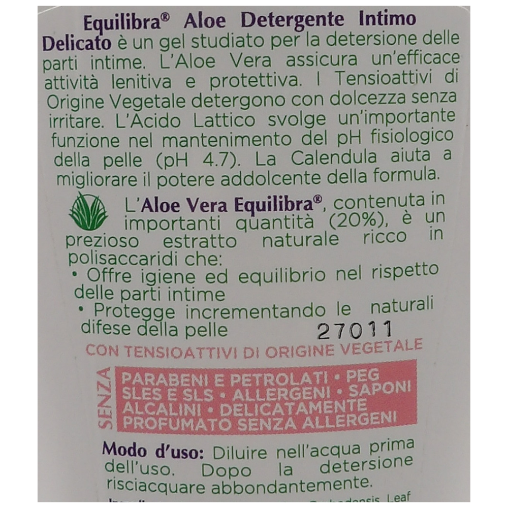 EQUILIBRA Detergente Intimo Delicato ALOE Con Acido Lattico e Calendula. Con Il 98% Di Ingredienti Di Origine Naturale, Senza Parabeni e Saponi Alcalini 200ml