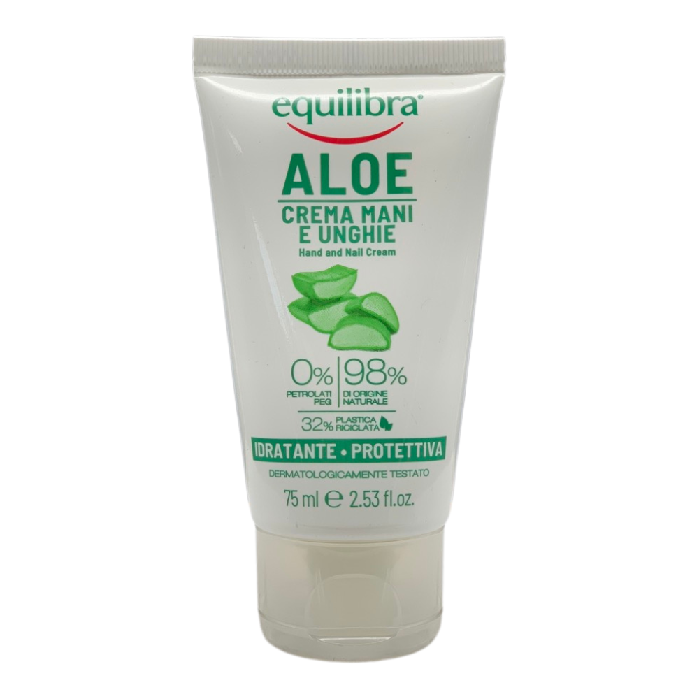 EQUILIBRA Crema Mani e Unghie ALOE, Idratante e Protettiva Con Aloe Vera 40%. Contiene Olio di Mandorle Dolci, Burro di Karitè, Glicerina Vegetale e Vitamina E 75ml