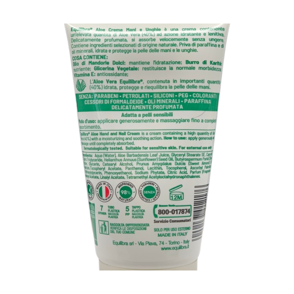 EQUILIBRA Crema Mani e Unghie ALOE, Idratante e Protettiva Con Aloe Vera 40%. Contiene Olio di Mandorle Dolci, Burro di Karitè, Glicerina Vegetale e Vitamina E 75ml