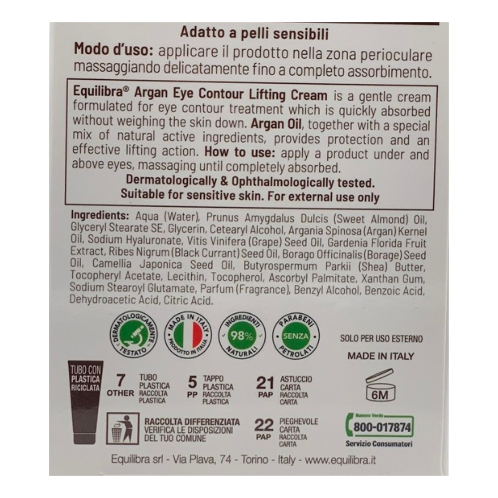EQUILIBRA Contorno Occhi ARGAN Liftante. Delicata Emulsione Che Si Assorbe Rapidamente Senza Appesantire 15ml