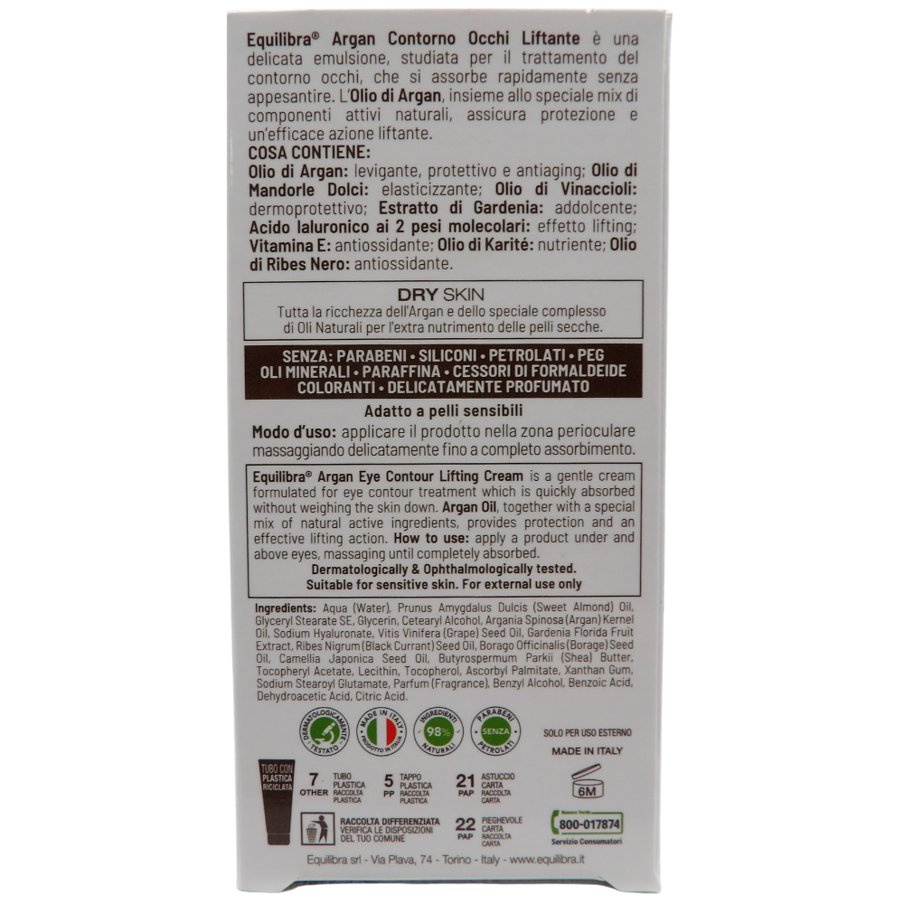 EQUILIBRA Contorno Occhi ARGAN Liftante. Delicata Emulsione Che Si Assorbe Rapidamente Senza Appesantire 15ml