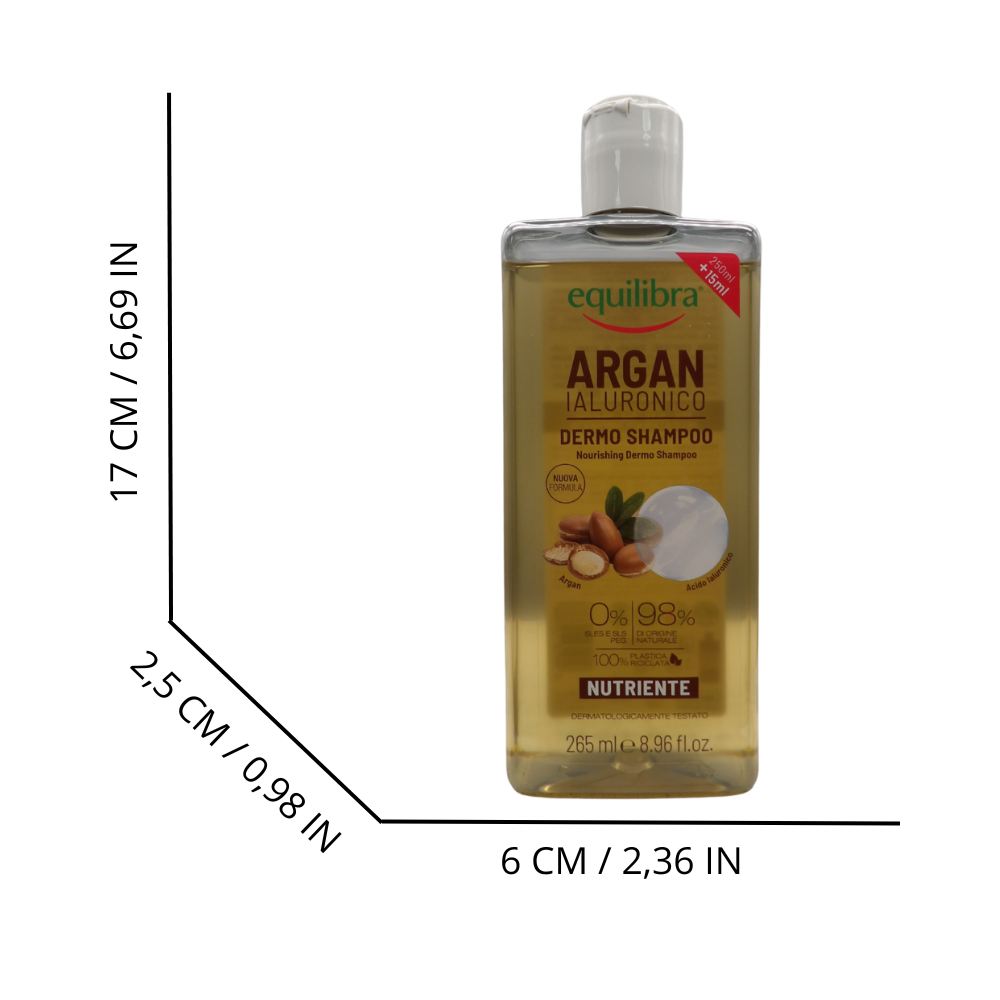 EQUILIBRA Capelli, Equilibra Argan Ialuronico Dermo Shampoo Idratante, con Argan, Acido Ialuronico, Idratante Naturale, Estratto di Lino, 265 ml