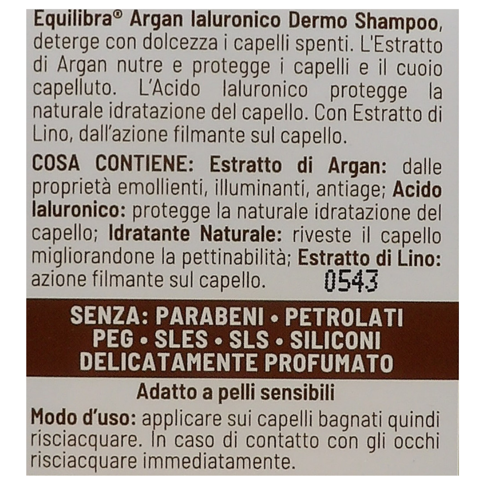 EQUILIBRA Capelli, Equilibra Argan Ialuronico Dermo Shampoo Idratante, con Argan, Acido Ialuronico, Idratante Naturale, Estratto di Lino, 265 ml