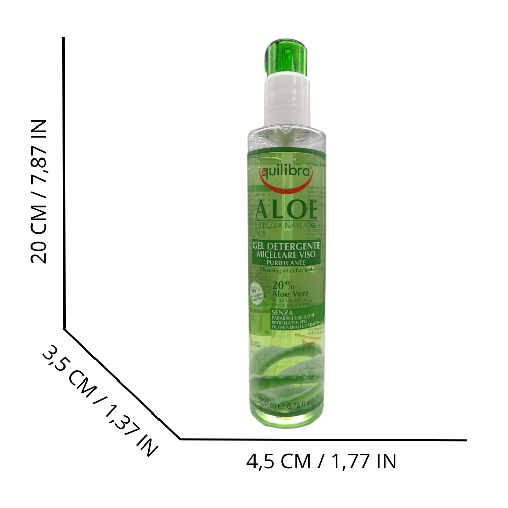 EQUILIBRA  Viso, Aloe Gel Detergente Micellare Viso, Gel Detergente Viso a Base di Aloe Vera per Pelli Sensibili, Struccante, Rimuove Residui di Make-up e Impurità, Idratante e Tonificante, 200