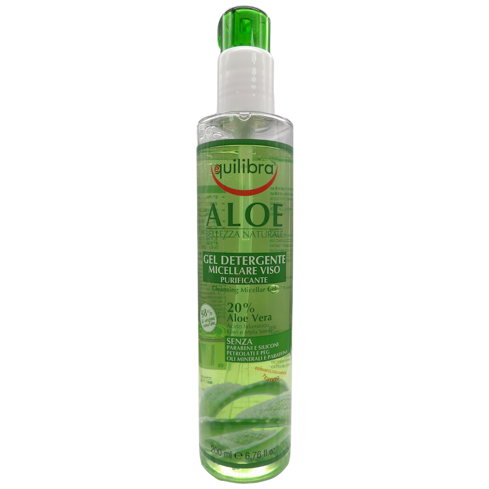EQUILIBRA  Viso, Aloe Gel Detergente Micellare Viso, Gel Detergente Viso a Base di Aloe Vera per Pelli Sensibili, Struccante, Rimuove Residui di Make-up e Impurità, Idratante e Tonificante, 200