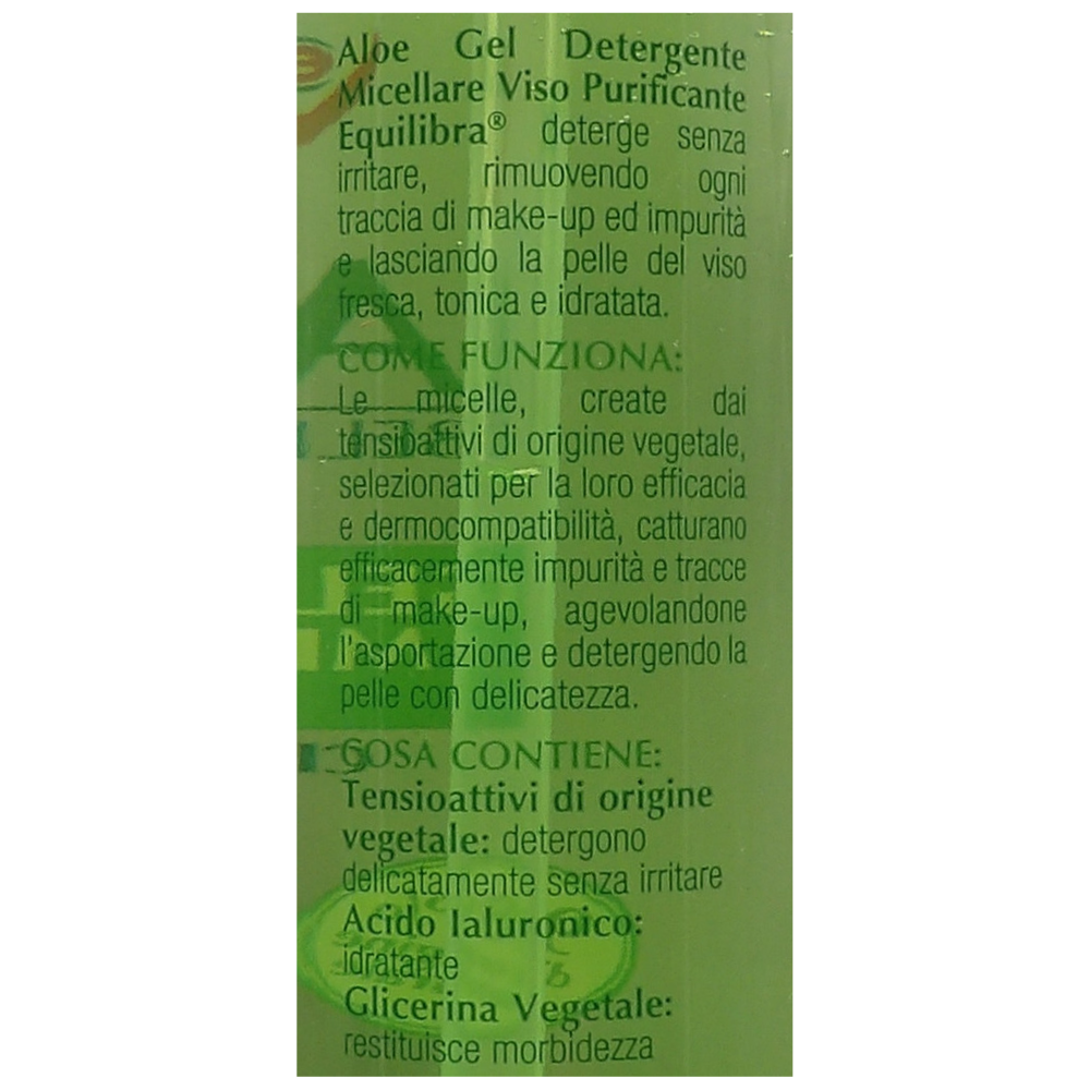 EQUILIBRA  Viso, Aloe Gel Detergente Micellare Viso, Gel Detergente Viso a Base di Aloe Vera per Pelli Sensibili, Struccante, Rimuove Residui di Make-up e Impurità, Idratante e Tonificante, 200