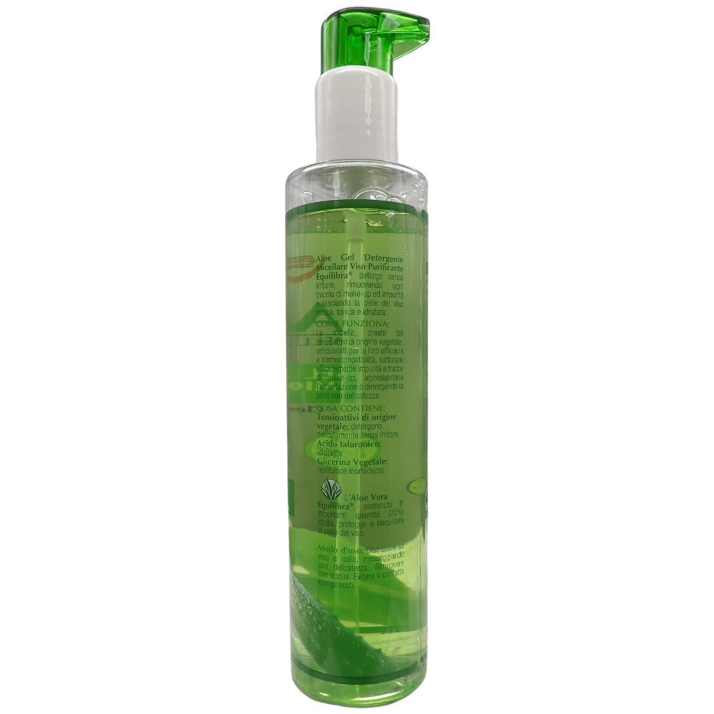 EQUILIBRA  Viso, Aloe Gel Detergente Micellare Viso, Gel Detergente Viso a Base di Aloe Vera per Pelli Sensibili, Struccante, Rimuove Residui di Make-up e Impurità, Idratante e Tonificante, 200