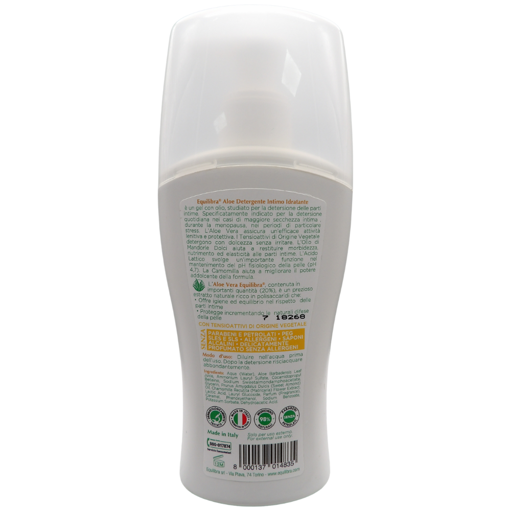 EQUILIBRA Detergente Intimo Idratante ALOE Con Olio Di Mandorle Dolci e Camomilla. Con Il 98% Di Ingredienti Di Origine Naturale, Senza Parabeni e Saponi Alcalini 200ml
