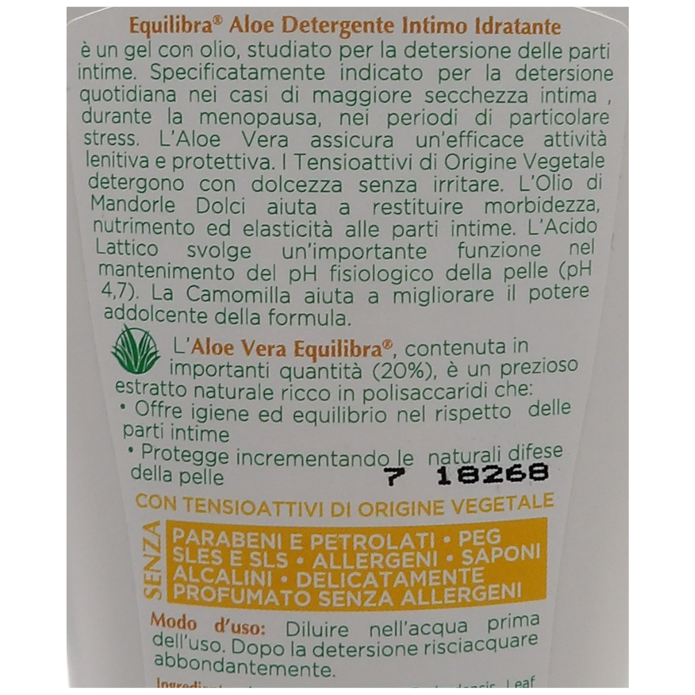 EQUILIBRA Detergente Intimo Idratante ALOE Con Olio Di Mandorle Dolci e Camomilla. Con Il 98% Di Ingredienti Di Origine Naturale, Senza Parabeni e Saponi Alcalini 200ml