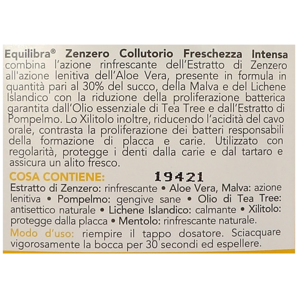 EQUILIBRA Igiene Dentale, Zenzero Collutorio Freschezza Intensa, Collutorio a Base di Estratto di Zenzero, Protegge Da Carie e Tartaro, Assicura un Alito Fresco, Protegge dai Batteri, 500 ml